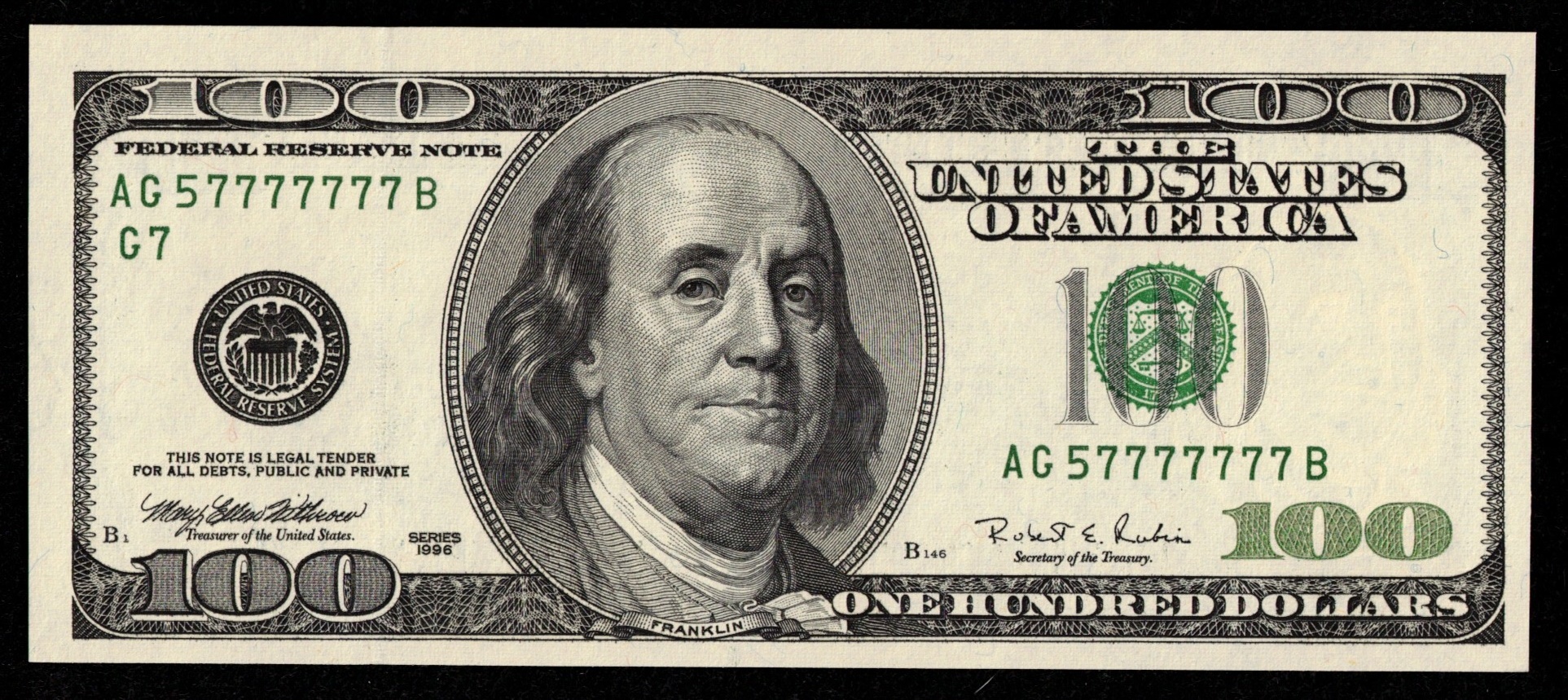 1996 $100 FRN AG57777777B - USA Rare