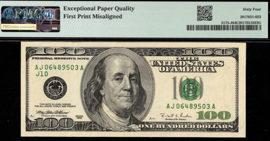 1996 $100 FRN "MIS-ALIGNED 1ST PRINT" 64Q