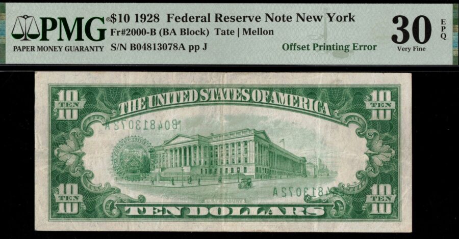 1928 $10 FRN "3RD-PRINT OFFSET" 30Q