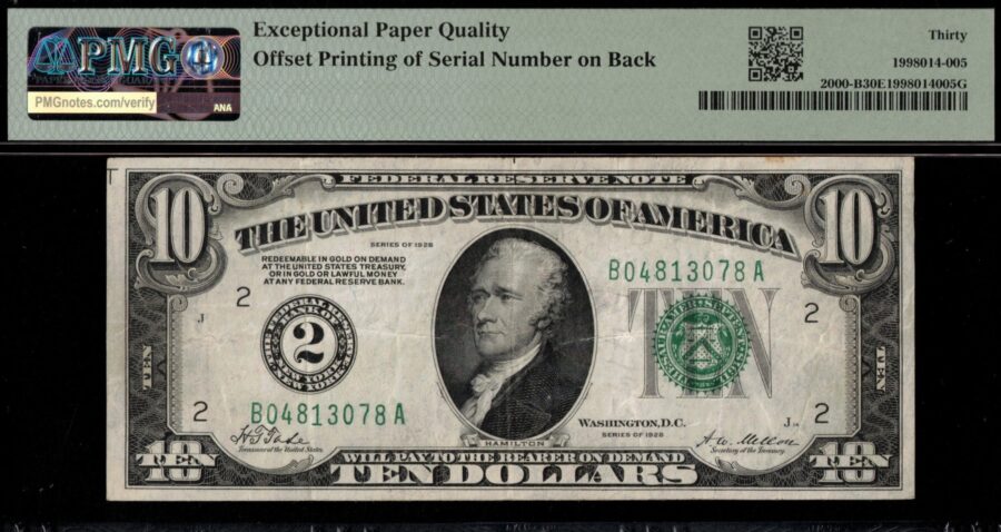 1928 $10 FRN "3RD-PRINT OFFSET" 30Q