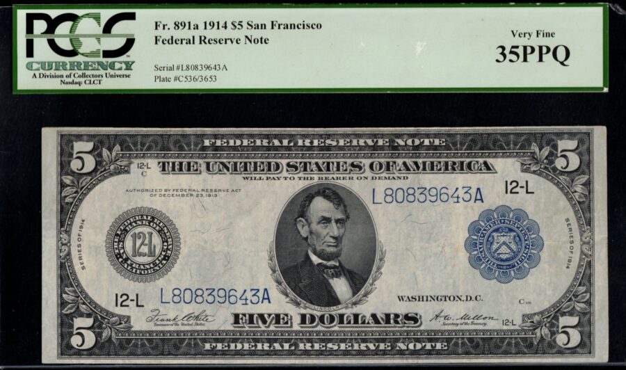 FR-891A 1914 $5 FRN SAN FRAN 35Q