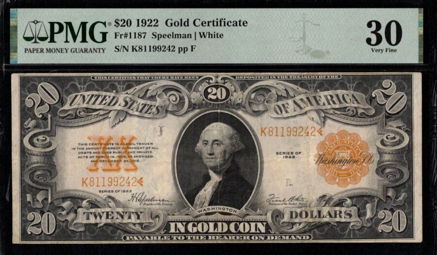 FR-1187 1922 $10 GOLD P.M.G #30