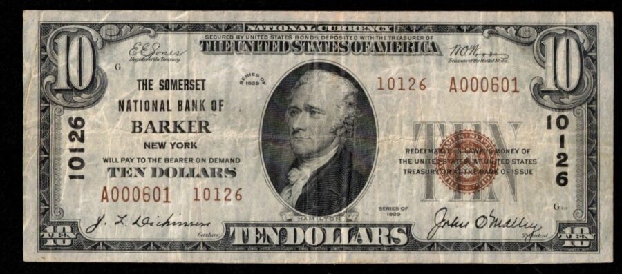 1929 $10 THE SOMERSET NB OF BARKER NY