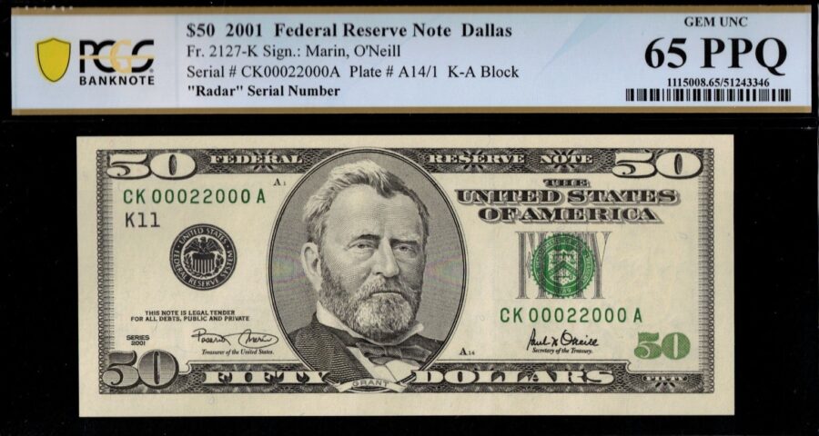 2001 $50 FRN AK00022000A 65Q