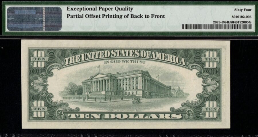 1974 $10 FRN BCK TO FRT OFFSET 64Q