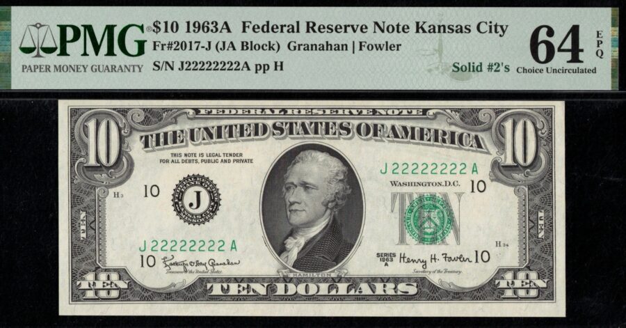 1963A $10 FRN J22222222A 64Q