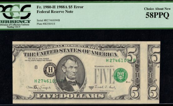 1988A $5 FRN "MIS-ALIGN 2ND" 58PPQ