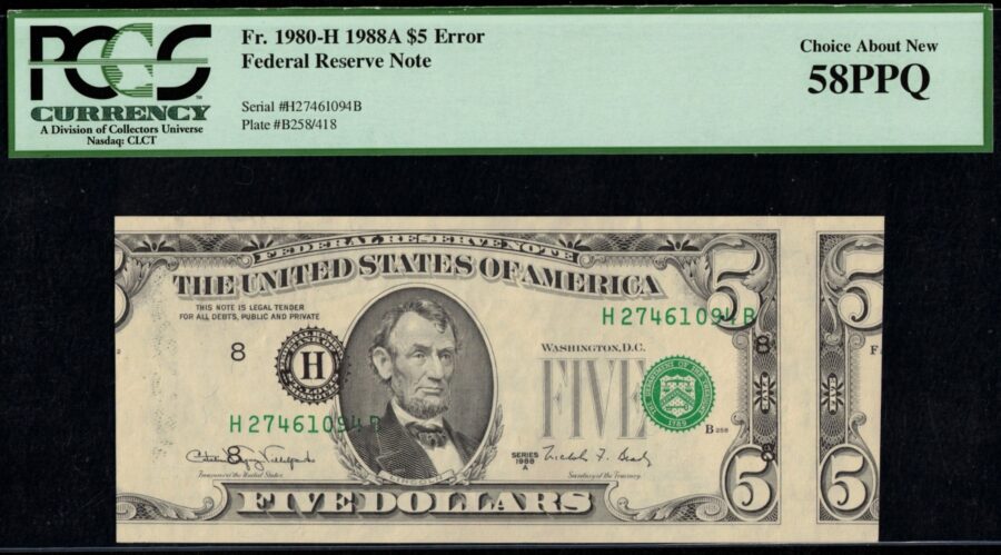 1988A $5 FRN "MIS-ALIGN 2ND" 58PPQ