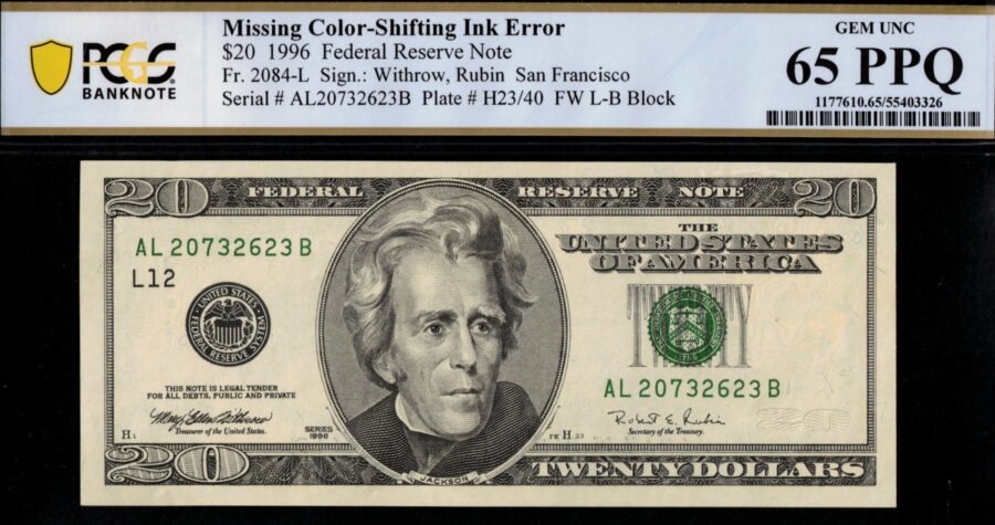 1996 $20 FRN COLOR SHIFT INK 65Q