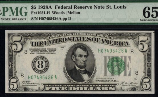 1928A $5 FRN ST LOUIS 65EPQ