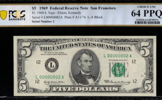 1969 $5 FRN L00000002A 64Q
