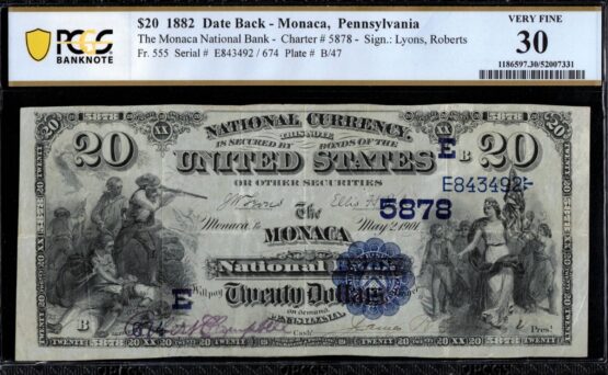 1882 $20 DB MONACA NB OF PA