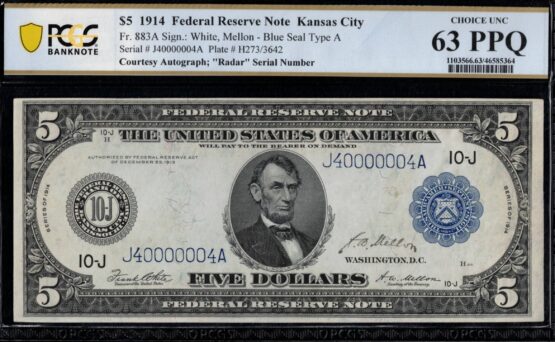 FR-883A 1914 $5 FRN J40000004A 63Q