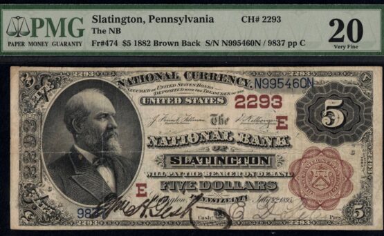 1882 $5 NB OF SLATINGTON PA