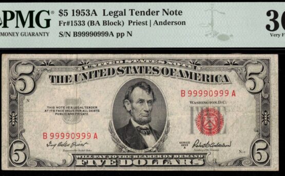 1953A $5 L.T NEAR SOLID NINES