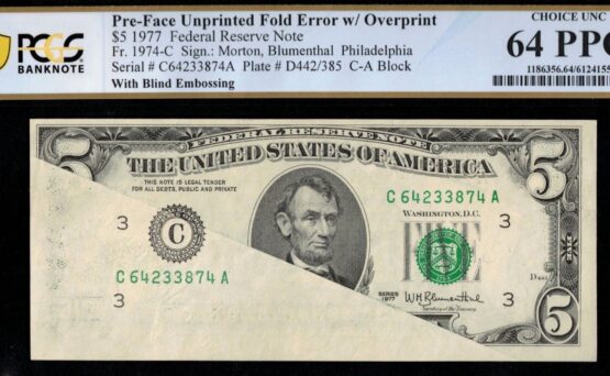 1977 $5 FRN UNPRINTED FOLD 64Q