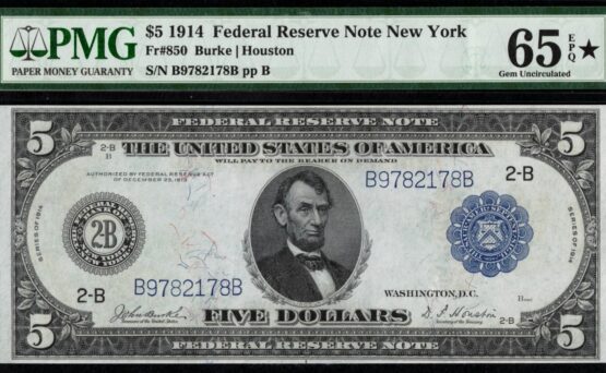 FR-850 1914 $5 FRN NY P.M.G #65Q*