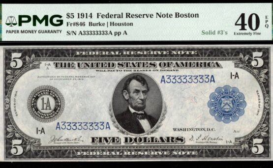 FR-846 1914 $5 FRN A333333333A