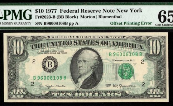 1977 $10 BACK/FRONT OFFSET 65Q