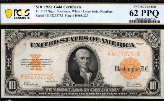 FR-1173 1922 $10 GOLD P.C.G.S#62Q