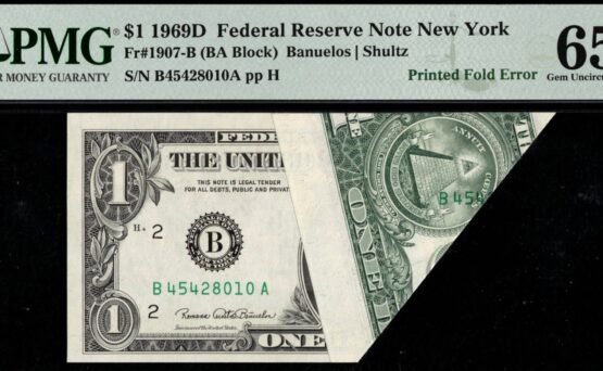 1969D $1 FRN MAJOR FOLD-OVER #65