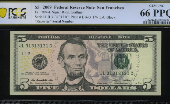 2009 $5 FRN JL31313131C 66Q