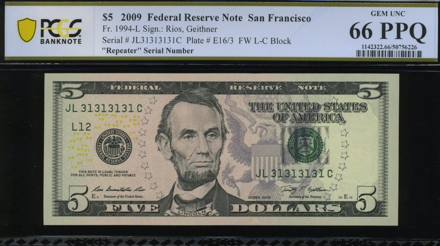 2009 $5 FRN JL31313131C 66Q
