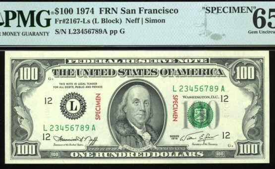 1974 $100 SPECIMEN 23456789 65Q