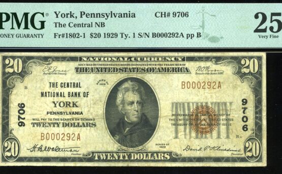 1929 $20 CENTRAL BANK YORK PA