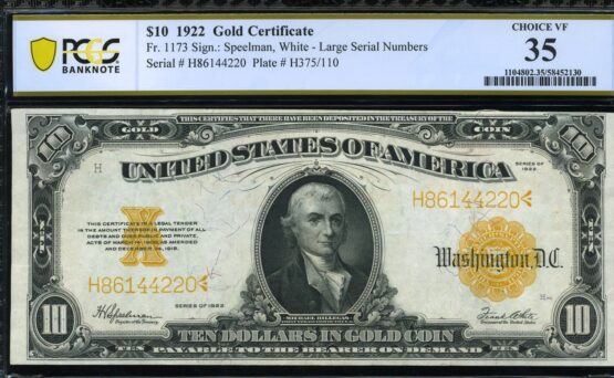 FR-1173 1922 $10 GOLD CERT #35