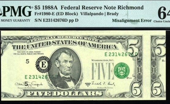 1988A $5 FRN MIS-ALIGNED #64Q