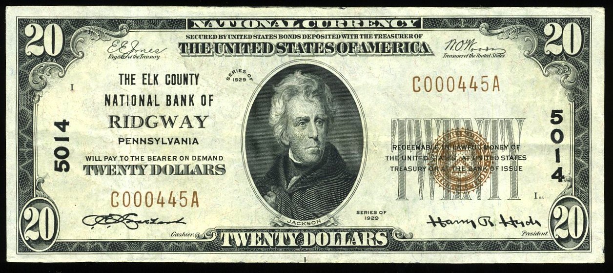 1929 $20 ELK NB RIDGEWAY PA