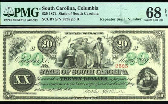 1872 $20 S CAROLINA SN#2525 68Q