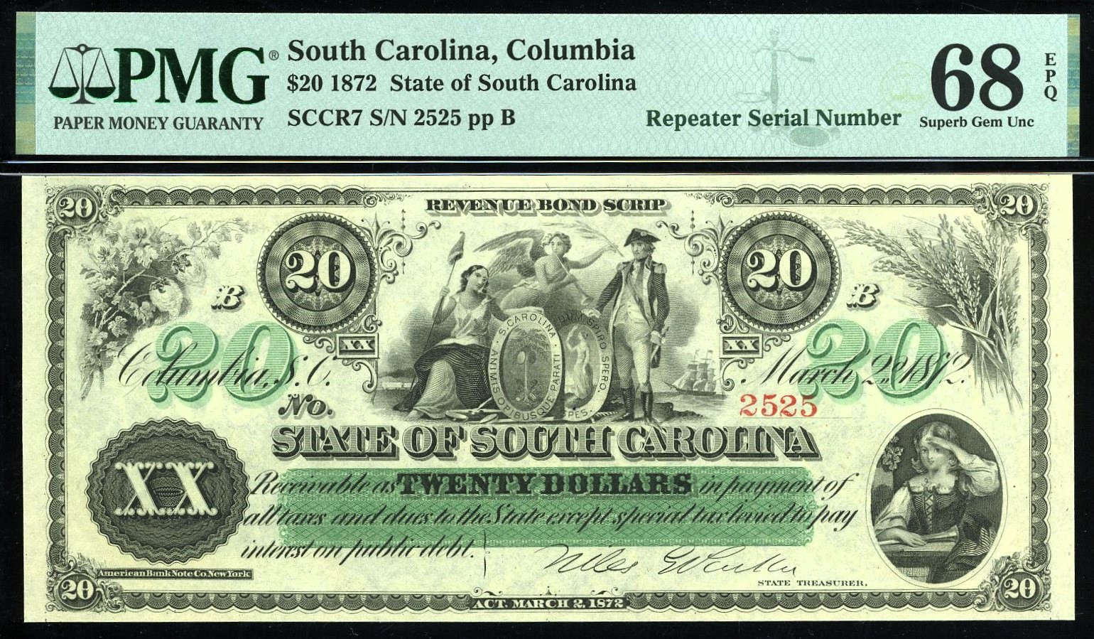 1872 $20 S CAROLINA SN#2525 68Q