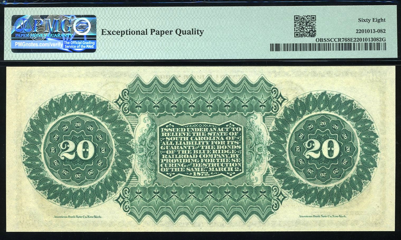 1872 $20 S CAROLINA SN#2525 68Q