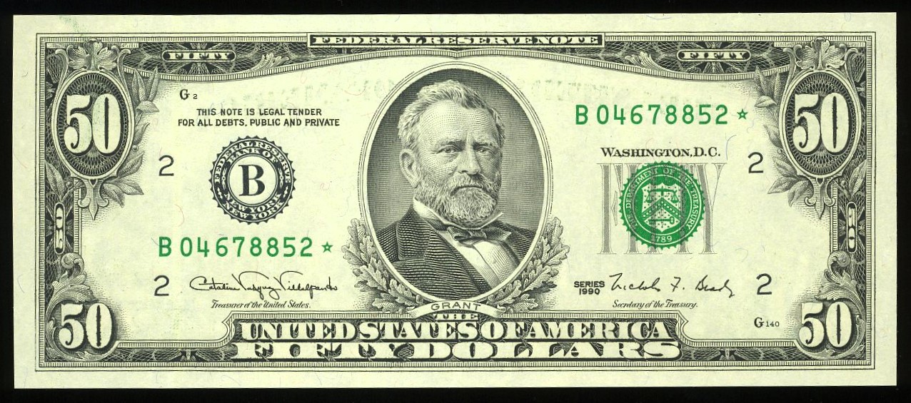1990 $50 FRN B-STAR GEM