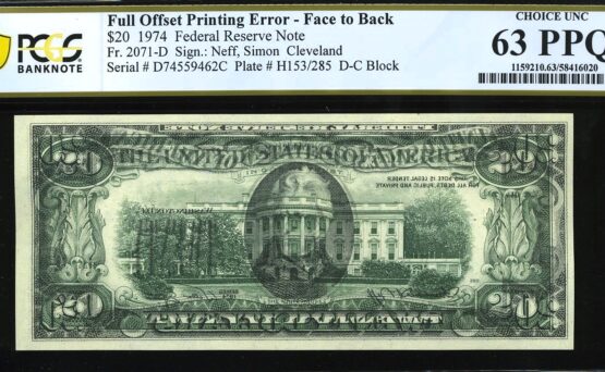 1974 $20 FRN FNT TO BCK OFFSET