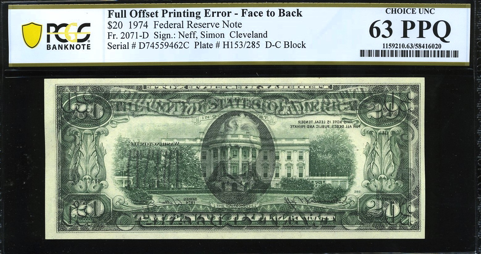 1974 $20 FRN FNT TO BCK OFFSET