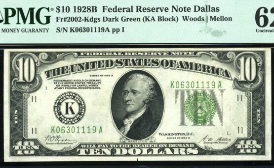 1928B $10 FRN DALLAS P.M.G #62