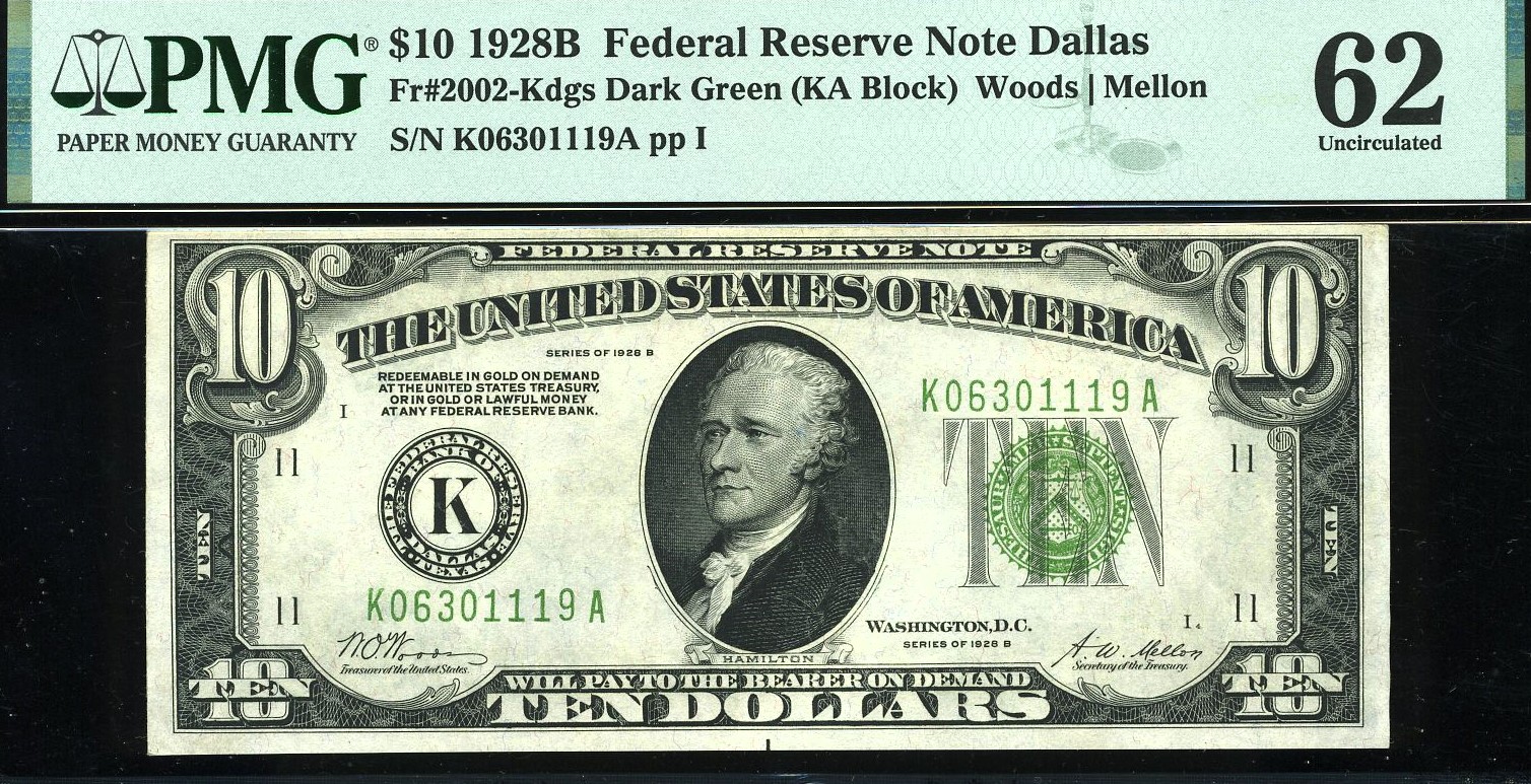 1928B $10 FRN DALLAS P.M.G #62