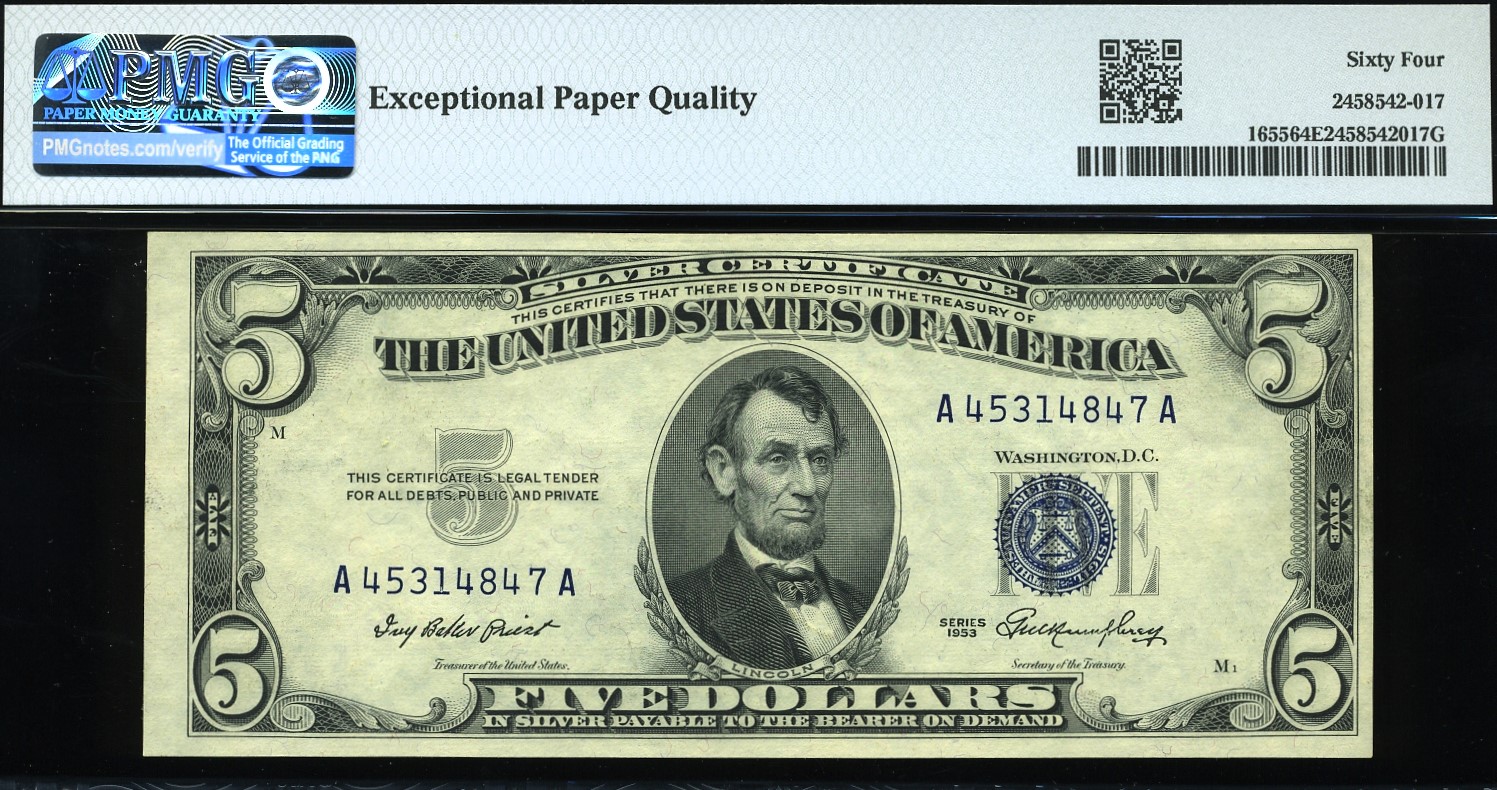 1953 $5 SILVER INK SMEAR #64Q