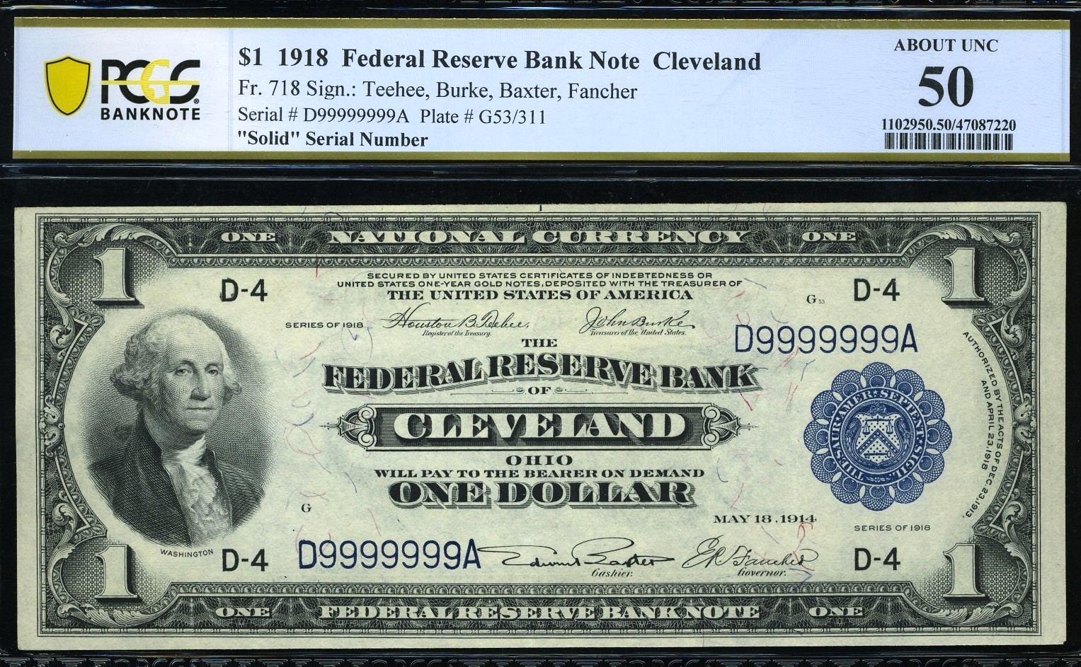 FR-718 1918 $1 FRBN D9999999A #50