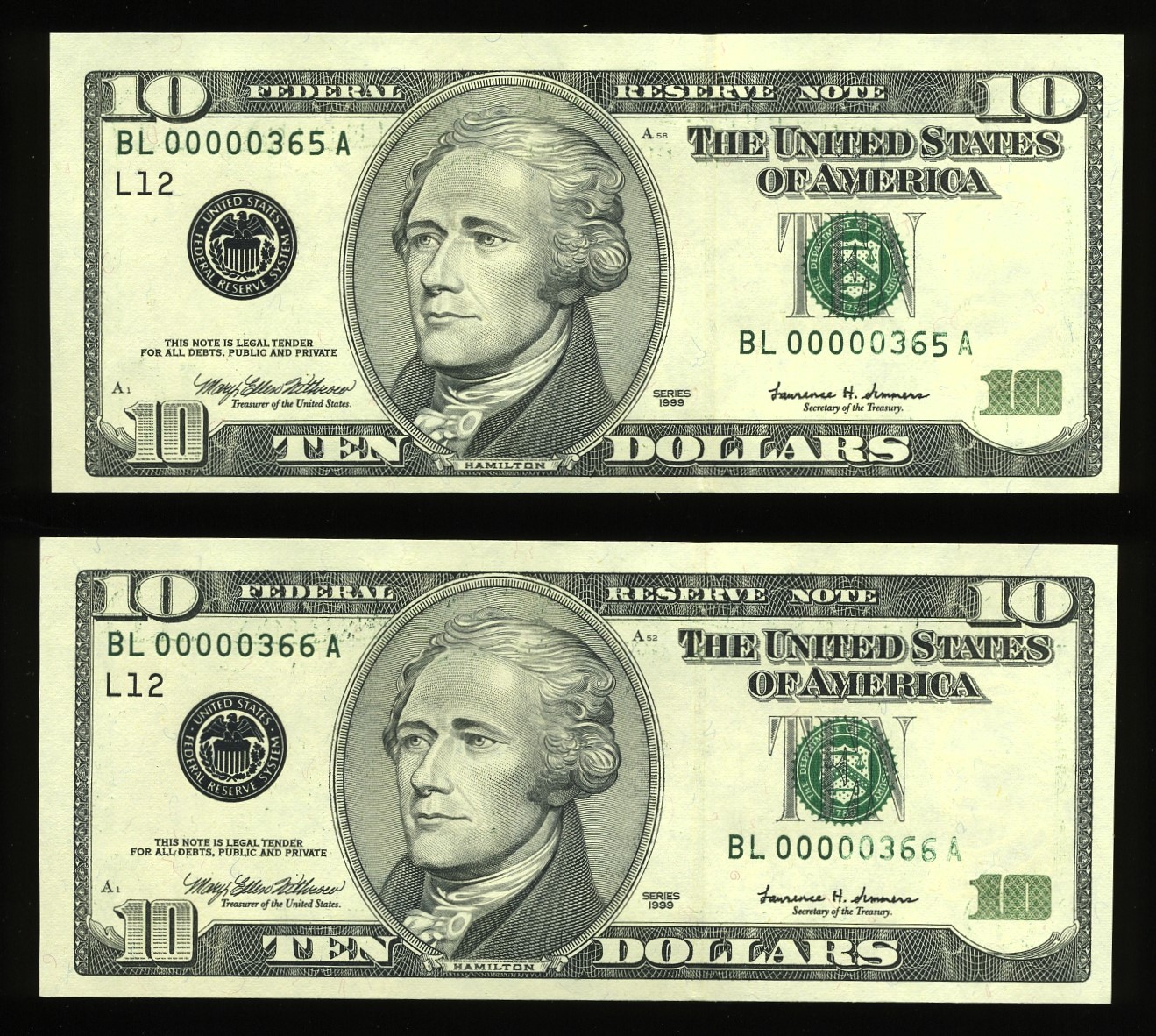 1999 $10 FRN BL0000301-400A PACK