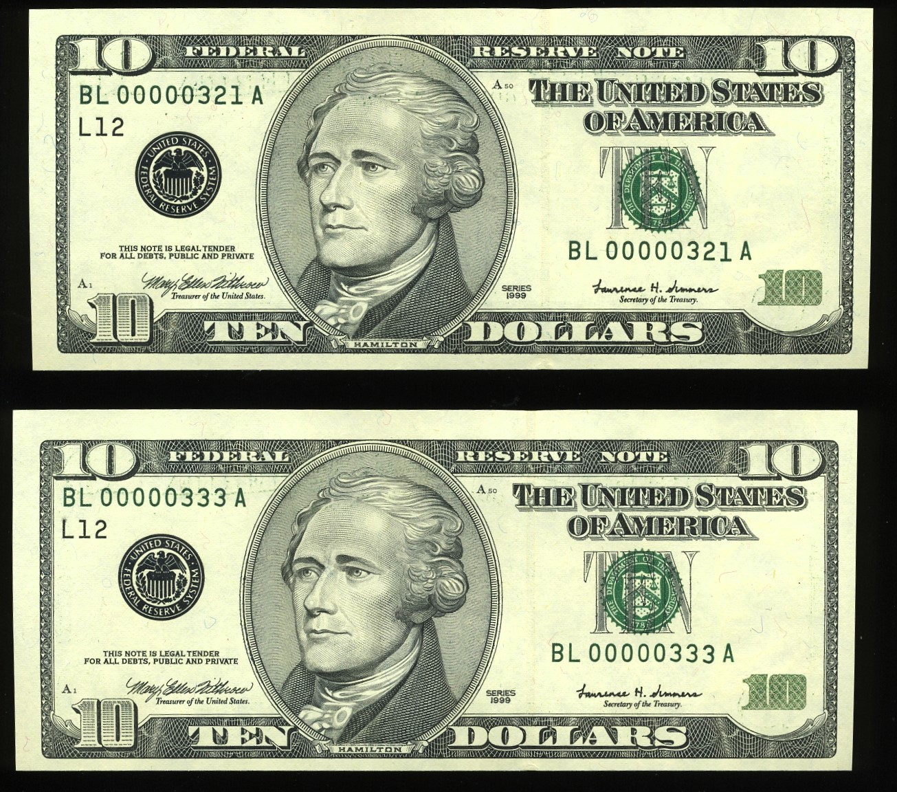1999 $10 FRN BL0000301-400A PACK