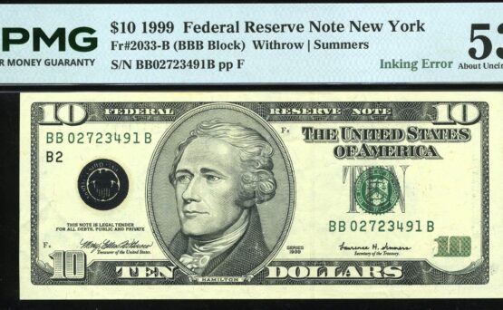 1999 $10 FRN INKING ERROR 65Q