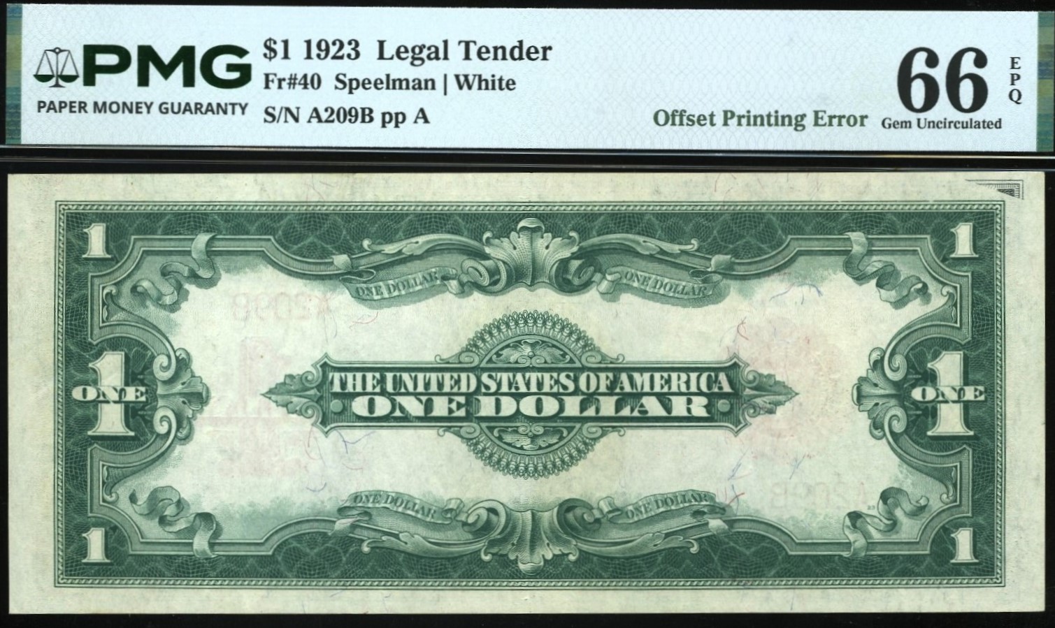 FR-40 1923 $1 L.T A209B ERROR 66Q