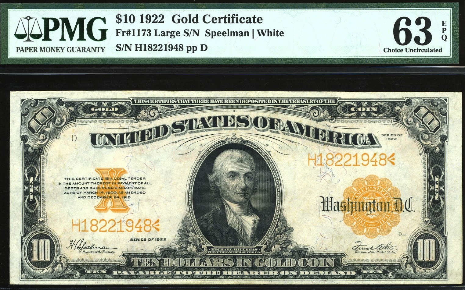 FR-1173 1922 $10 GOLD #63Q