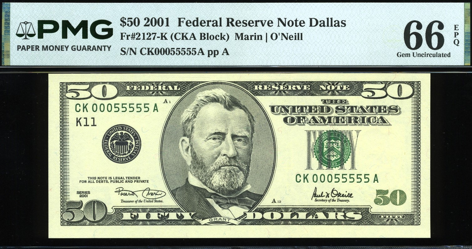 2001 $50 FRN CK00055555A #66EPQ