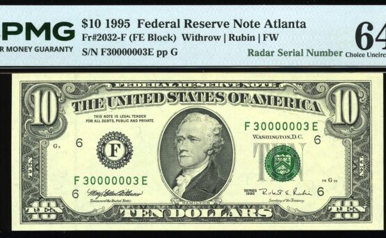 1995 $10 FRN F30000003E 64EPQ
