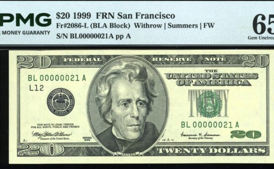 1999 $20 FRN BL00000021A #65EPQ
